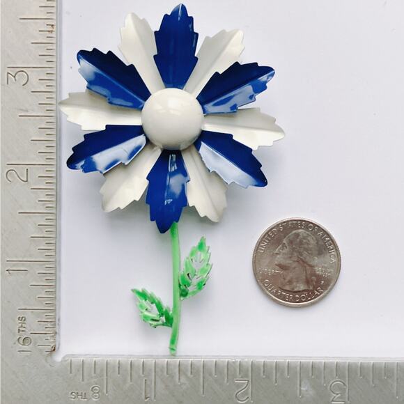 VTG 60s Brooch Blue White Enamel Flower Mid Century Mod Costume Jewelry Kitschy - Picture 7 of 10